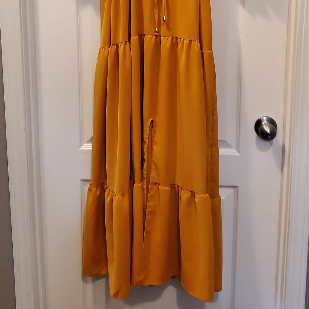 NWOT Boho Chic Mustard yellow-orange Smocked Waist Flowy Dress Puff Sleeves M/L - Picture 3 of 8